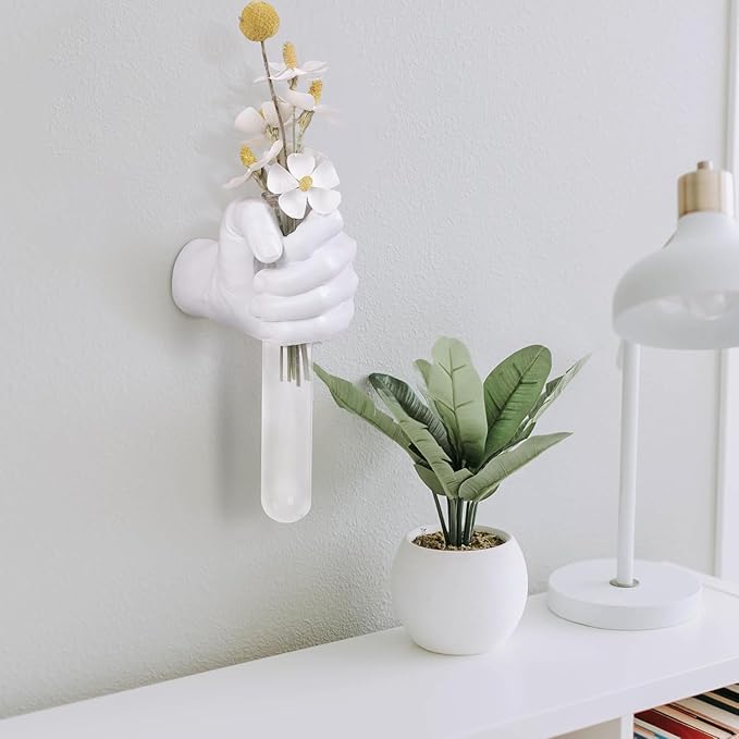 White Hand Wall Vase Sculpture - Modern Wall-Mounted Art with Glass Test Tube Vase for Flowers, Plants, and Decorative Branches