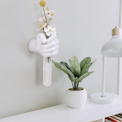 White Hand Wall Vase Sculpture - Modern Wall-Mounted Art with Glass Test Tube Vase for Flowers, Plants, and Decorative Branches
