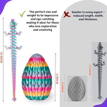 Rainbow striped egg with small articulated crystal dragon, size comparison diagram