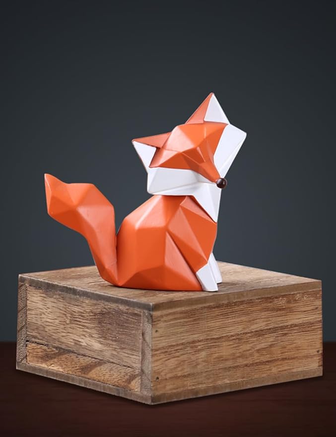 Geometric Fox Figurine - Hand-Painted Red and White Polyresin Animal Sculpture for Desk, Shelf, Bookcase, and Home Decor