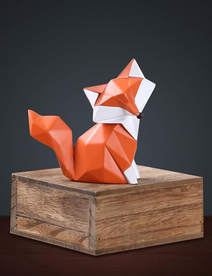Geometric Fox Figurine - Hand-Painted Red and White Polyresin Animal Sculpture for Desk, Shelf, Bookcase, and Home Decor