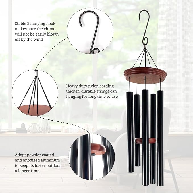 Outdoor wind chime with heavy nylon hanging cord and 5 black tube chimes
