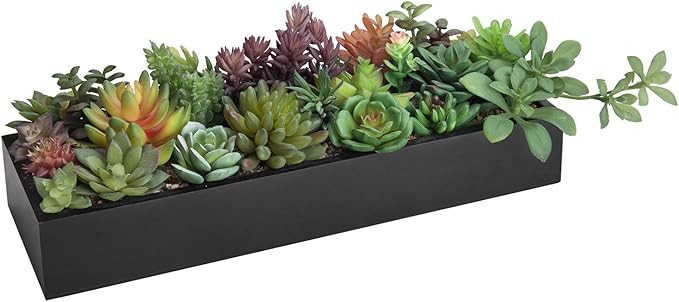 Black wood planter faux succulent centerpiece with mixed green, purple, and orange plants