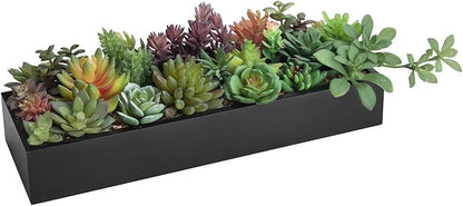 Black wood planter faux succulent centerpiece with mixed green, purple, and orange plants