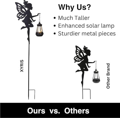 Black fairy yard stake solar lanterns with hanging jar lights shown against white background