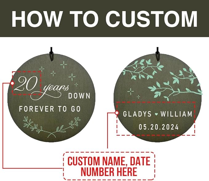 Personalized anniversary wind chime disc in dark green reading 20 years down