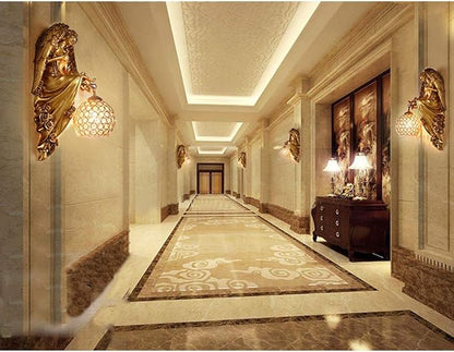 Gold angel wall sconces with clear crystal globe shades on corridor walls