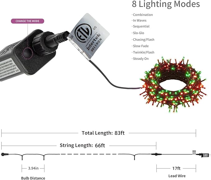 Plug-in LED string lights set with black power adapter and red/green bulbs