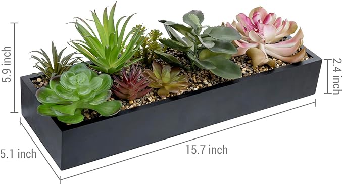 Assorted faux succulent planter box in black with size dimensions