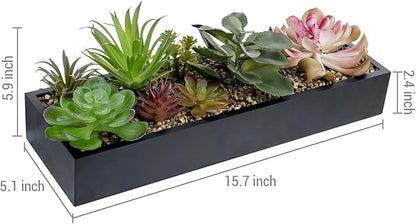 Assorted faux succulent planter box in black with size dimensions