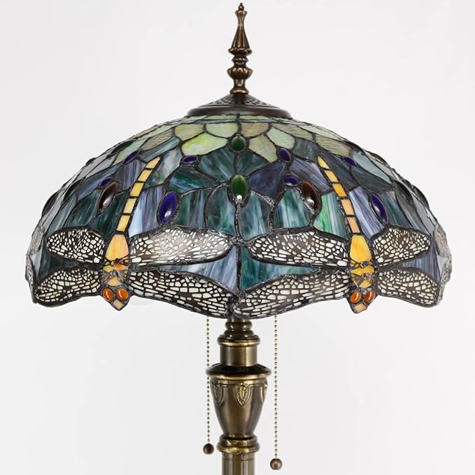 Stained glass floor lamp with blue-green patterned shade and bronze pull-chain details