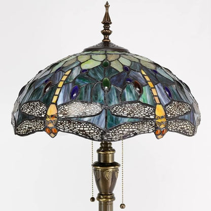Stained glass floor lamp with blue-green patterned shade and bronze pull-chain details