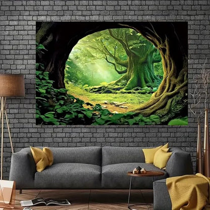 Misty Forest Tree Cave Tapestry – 79"x59" | HD Print Jungle Sunshine Through Trees | Ethereal Nature Wall Hanging for Bedroom Living Room & Office