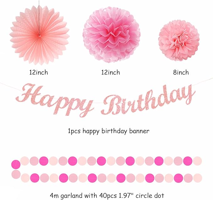 Hot Pink Birthday Party Decoration Kit – 14pcs | Paper Flowers Fans Lanterns Garland Streamers | Girls Women Sweet 16 18th 21st Princess Party