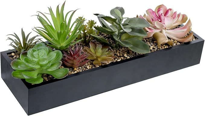 Black rectangular planter box with assorted faux succulents and gravel