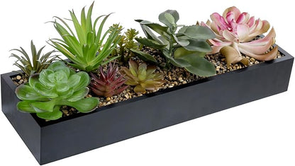 Black rectangular planter box with assorted faux succulents and gravel