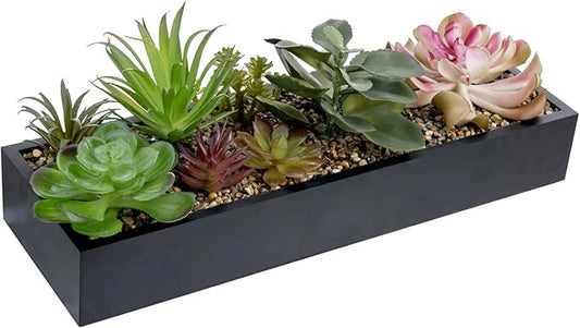 Black rectangular planter box with assorted faux succulents and gravel