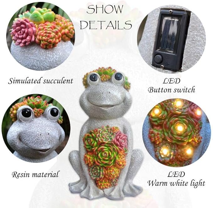 Large Frog Solar Garden Light with Succulents - Hand-Painted Resin Figurine with 8 Warm White LEDs for Lawn, Patio, Yard, and Balcony