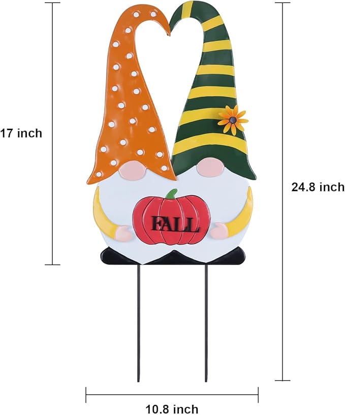 Fall gnome garden stake with orange polka-dot robe, green striped hat, and red “FALL” plaque