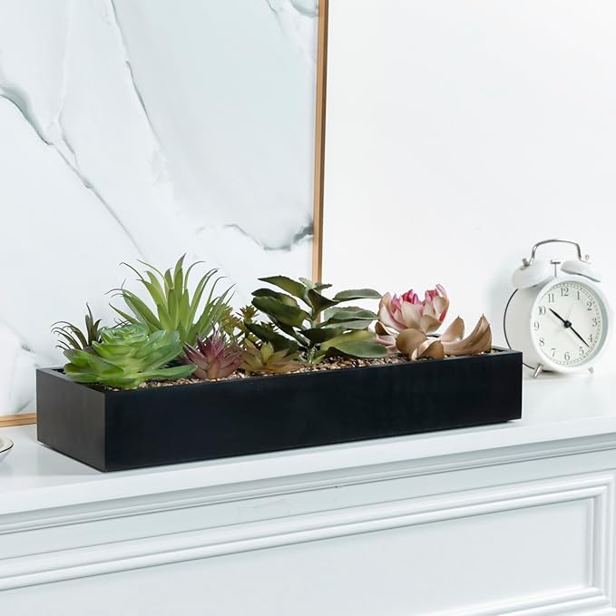 Black faux succulent planter box with assorted green and pink rosette plants