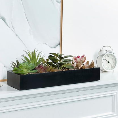 Black faux succulent planter box with assorted green and pink rosette plants