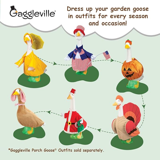 Goose statue shown with seasonal outfits sold separately