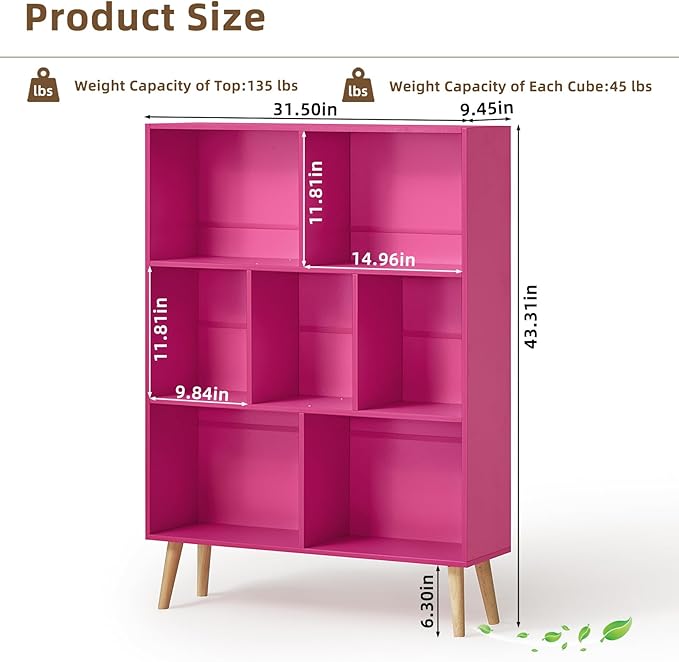 Pink 7-Cube Criss-Cross Bookshelf with Legs - Narrow 3-Tier Laminated Open Bookcase for Nursery and Small Spaces