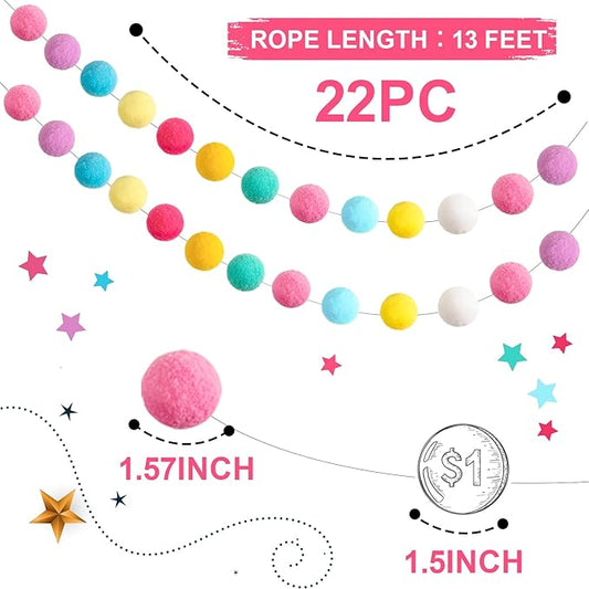 Multi-color felt pom-pom garland with pink, blue, yellow, white, and green balls on rope