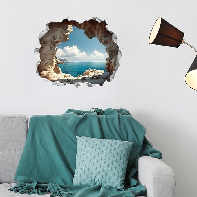 3D cave ocean wall sticker with broken-wall frame opening