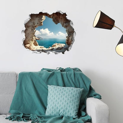 3D cave ocean wall sticker with broken-wall frame opening
