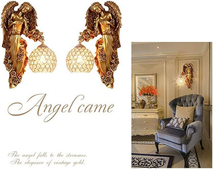 Set of two gold angel wall lamps with clear crystal globe shades