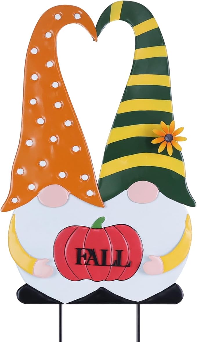 Fall gnome garden stake with orange polka-dot robe, green striped hat, and red “FALL” pumpkin