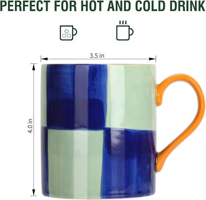 Blue and mint checkered ceramic mug with glossy finish and orange side handle