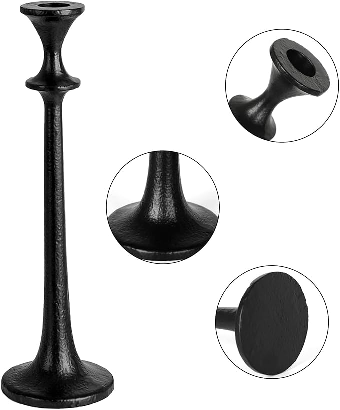 Black iron taper candle holder with flared top and round base, close-up details