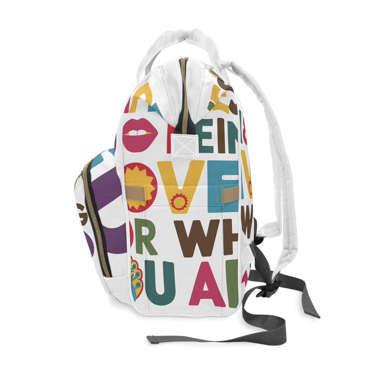 Happiness is Being Loved for Who You Are Diaper Backpack - Colourful Positive Slogan Baby Bag for Inclusive Parents