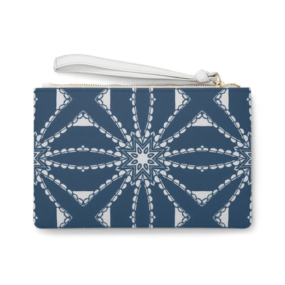 Walkin' On Sunshine Clutch Bag - Bold Retro Memphis Graphic Wristlet in Navy Blue with Chain Lattice Pattern, Sunshine Positivity Gift for Her