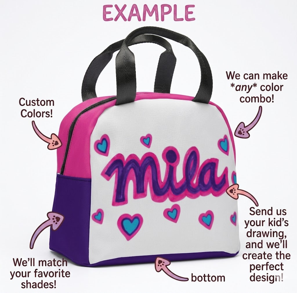 Insulated lunch tote bag with white and purple design, pink lettering and hearts.