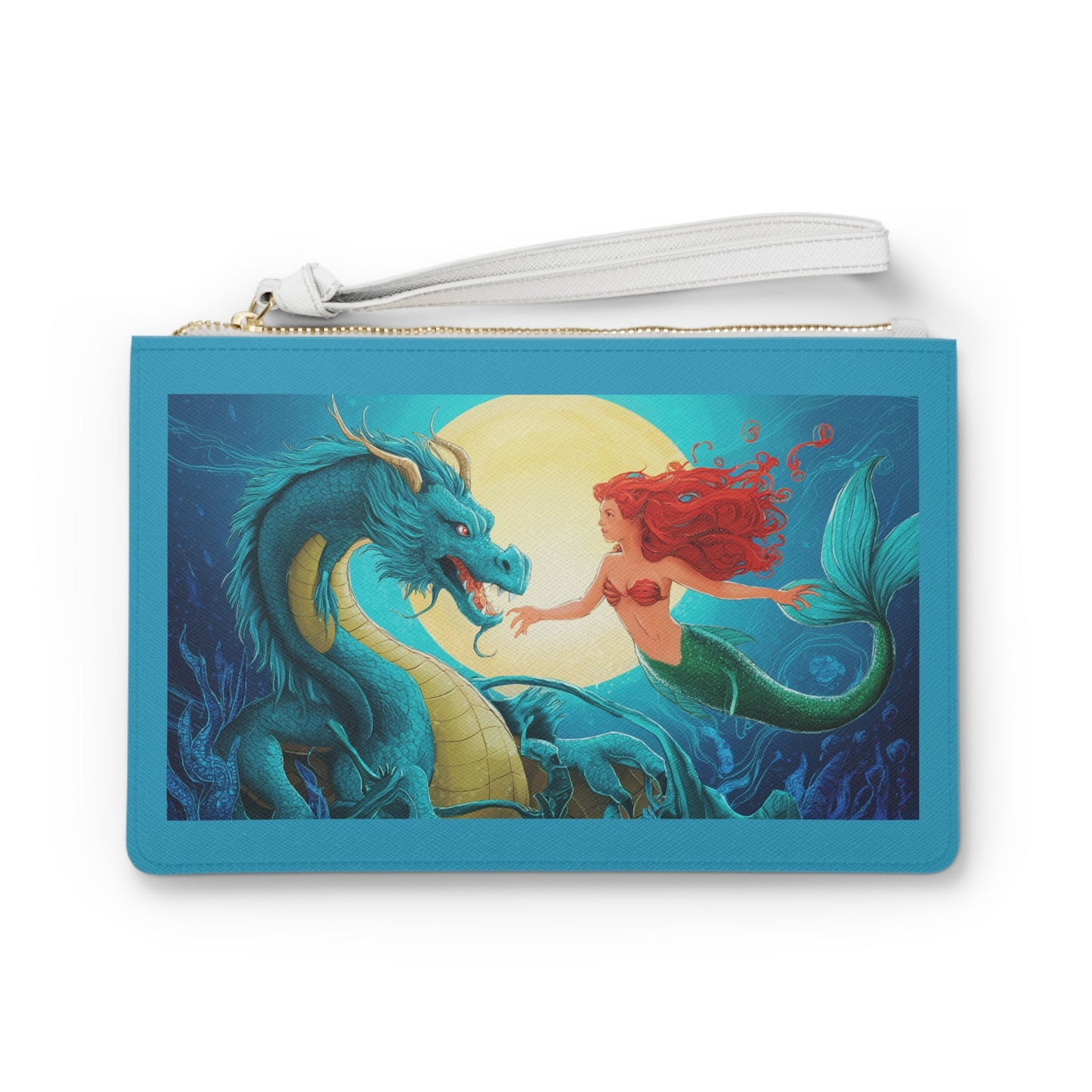 Mermaid and Her Dragon Clutch Bag - Red-Haired Mermaid Reaching for Her Sea Dragon Under a Full Moon, Fantasy Ocean Wristlet in Saffiano PU Leather