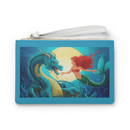 Mermaid and Her Dragon Clutch Bag - Red-Haired Mermaid Reaching for Her Sea Dragon Under a Full Moon, Fantasy Ocean Wristlet in Saffiano PU Leather