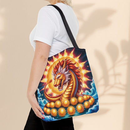 Leo Zodiac Tote Bag – Golden Dragon Sun Celestial Art | 3 Sizes | 5 Handle Colours | Leo Birthday Gift & Astrology Bag