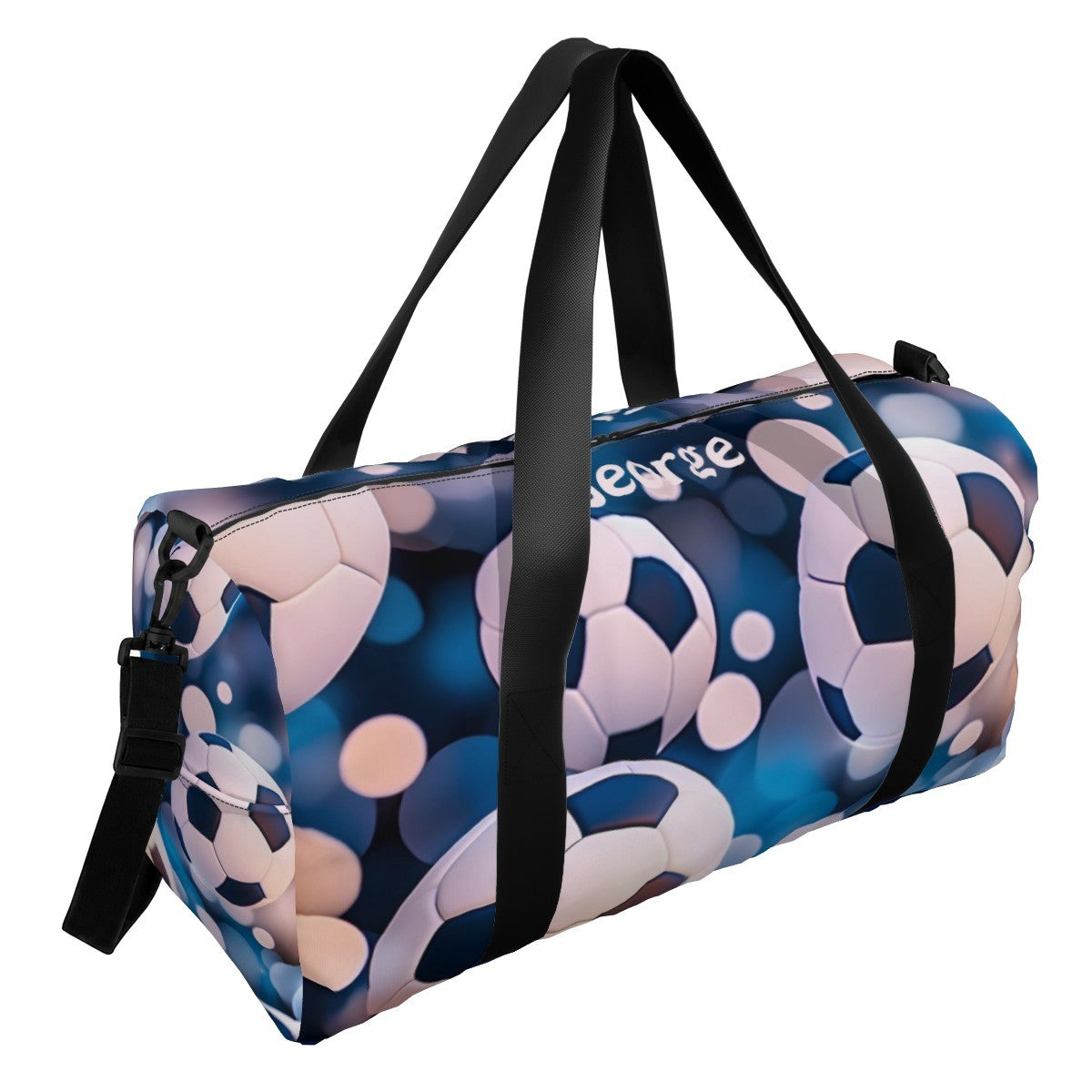 Football duffel bag in blue with soccer ball print and black carry straps