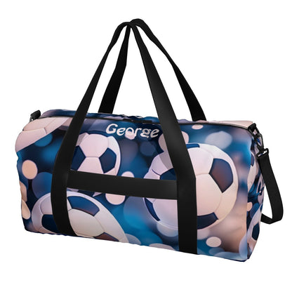 Football duffel bag side view with blue soccer ball pattern, black zipper and strap