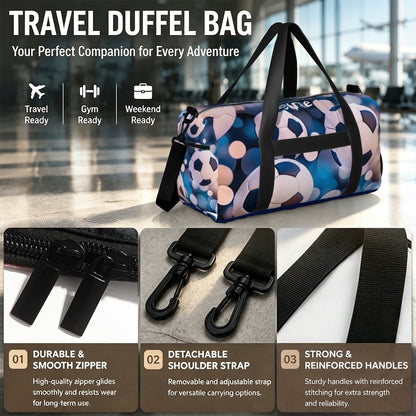 Soccer duffel bag with blue soccer ball print, black handles and adjustable shoulder strap