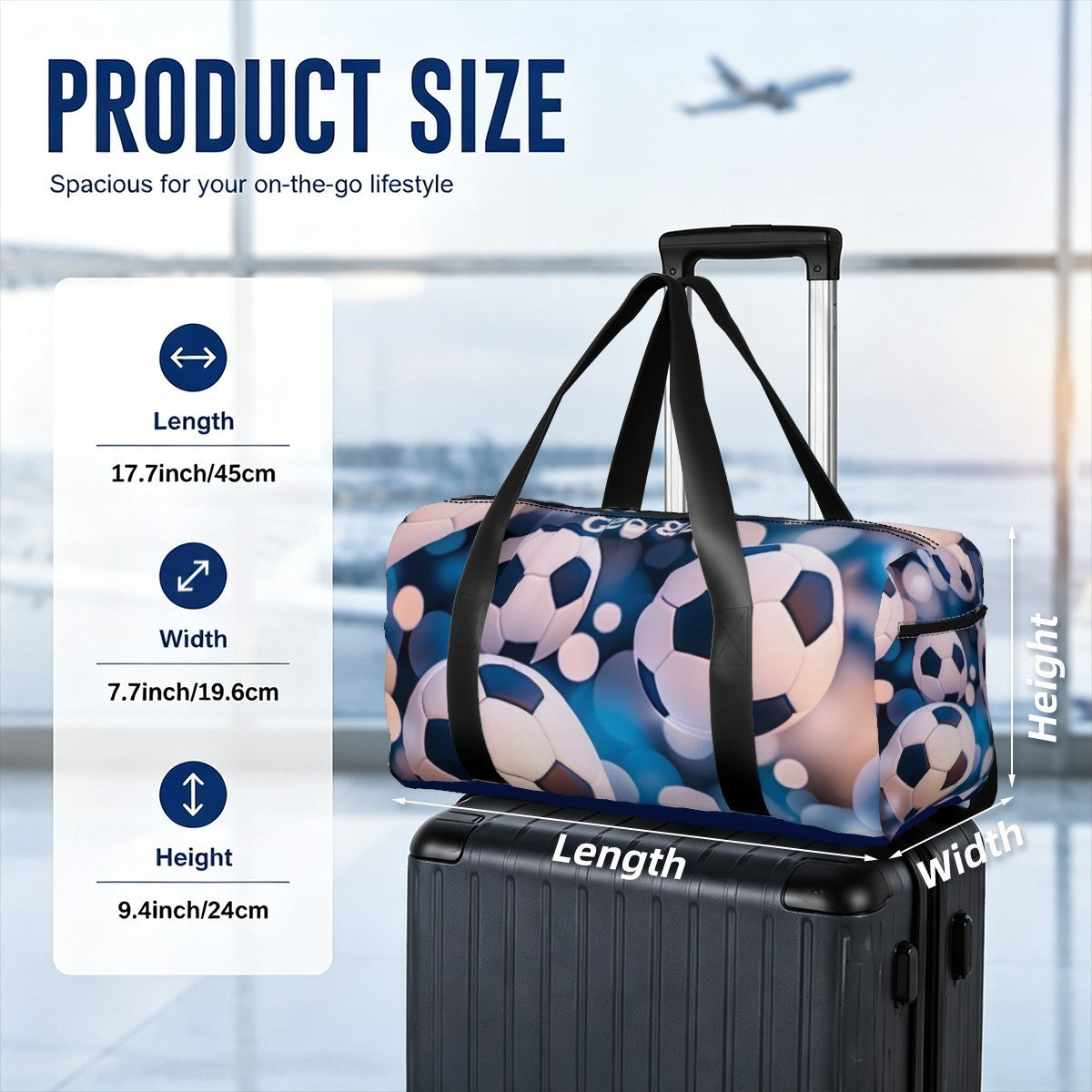 Soccer duffel bag on rolling suitcase, blue soccer ball pattern with black carry straps
