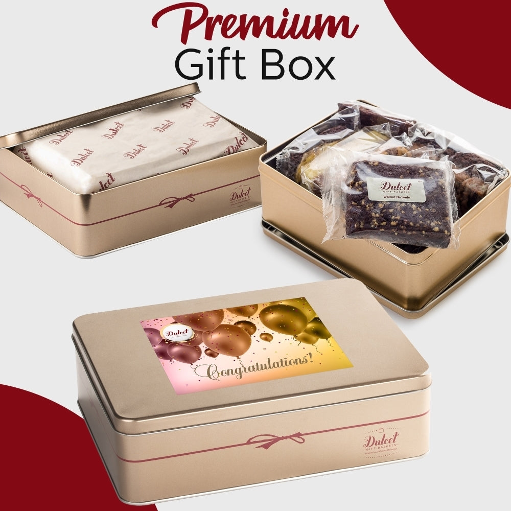 Premium Gift Box with tin and wrapped brownie, featuring a Congratulations card