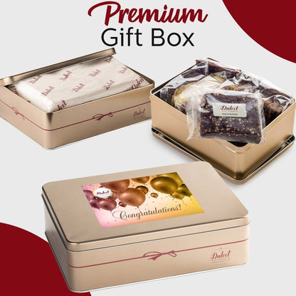 Premium Gift Box with tin and wrapped brownie, featuring a Congratulations card