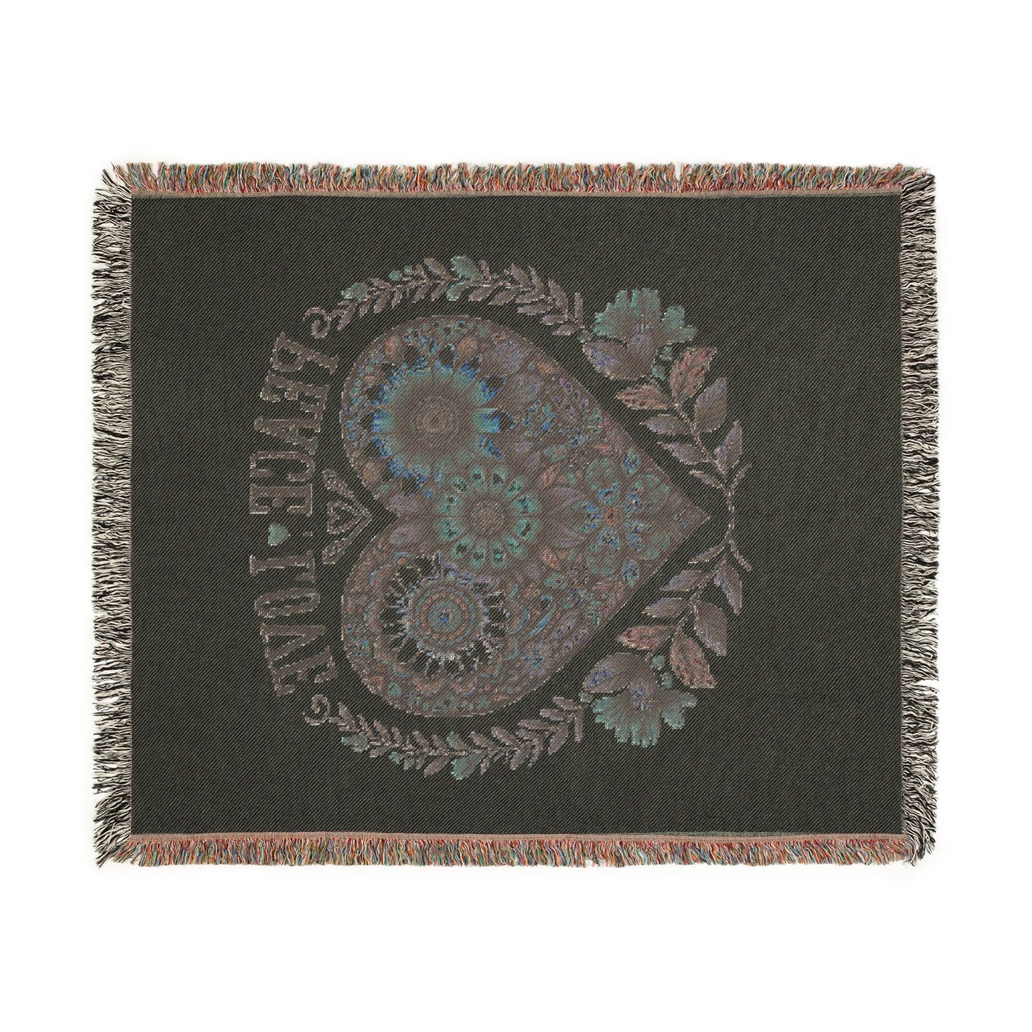 Peace Love Floral Heart Woven Tapestry Throw – Boho Botanical Sunflower & Wildflower Cotton Blanket | Fringe Edges | 3 Sizes | Cottagecore Home Decor Gift