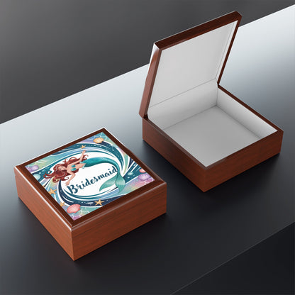 Mermaid Bridesmaid Jewelry Box – Illustrated Mermaid ‘Bridesmaid’ Keepsake Box | Rubberwood | Ebony Black, Golden Oak or Red Mahogany | Beach Wedding Bridal Party Gift