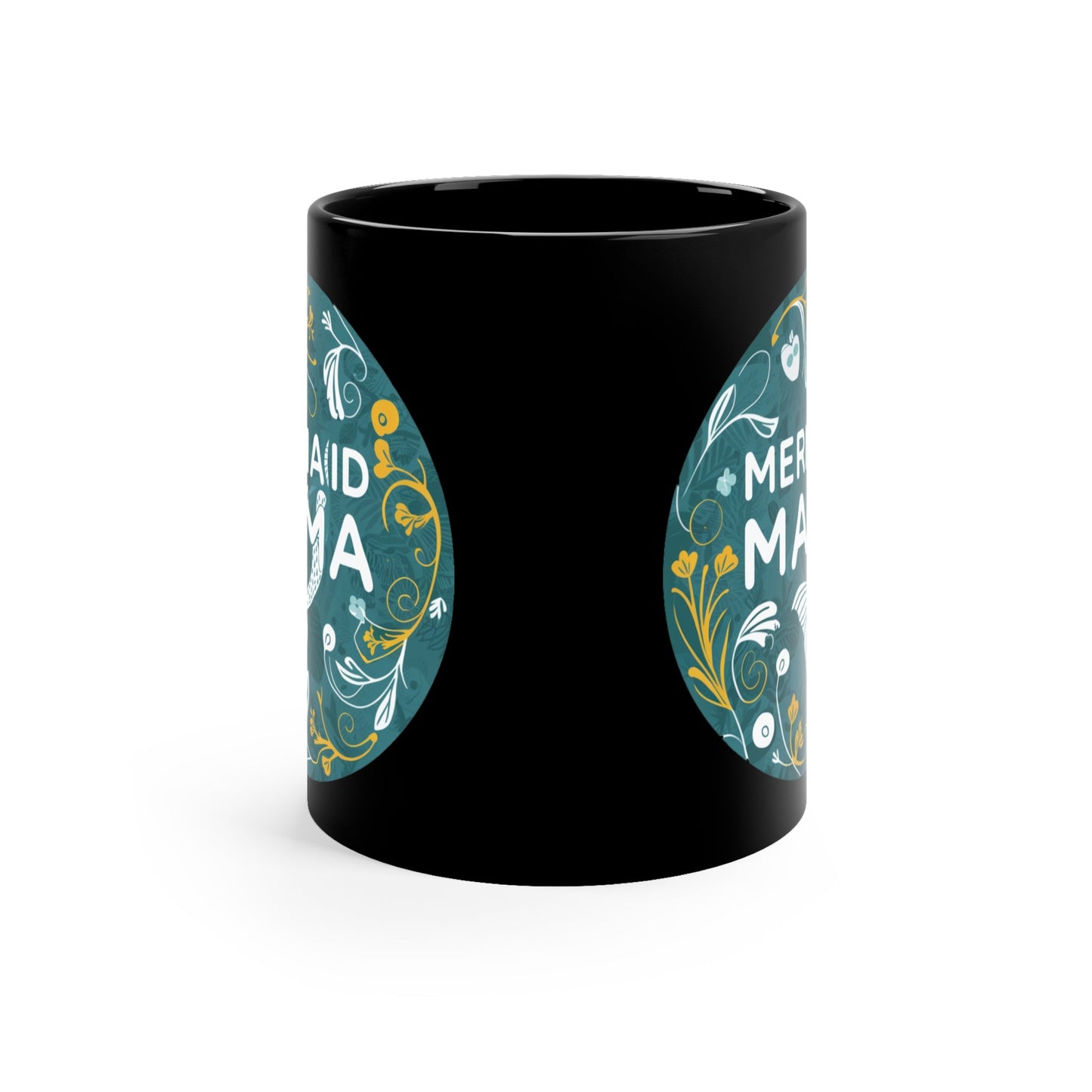 Mermaid Mama Black Coffee Mug – Teal Botanical Badge Design | 11oz | Bold Mermaid Mom Gift