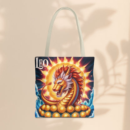 Leo Zodiac Tote Bag – Golden Dragon Sun Celestial Art | 3 Sizes | 5 Handle Colours | Leo Birthday Gift & Astrology Bag